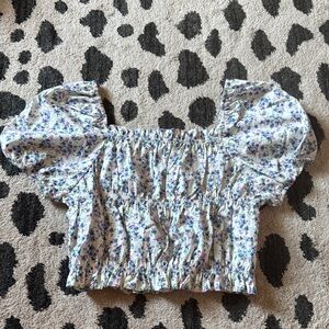 Zara Floral Puff Sleeve Blouse - White and Blue